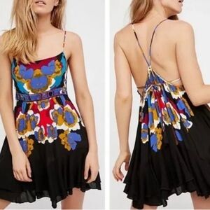 Free People Colorful Print Strappy Dress Open Black and Multicolor size XS/ S